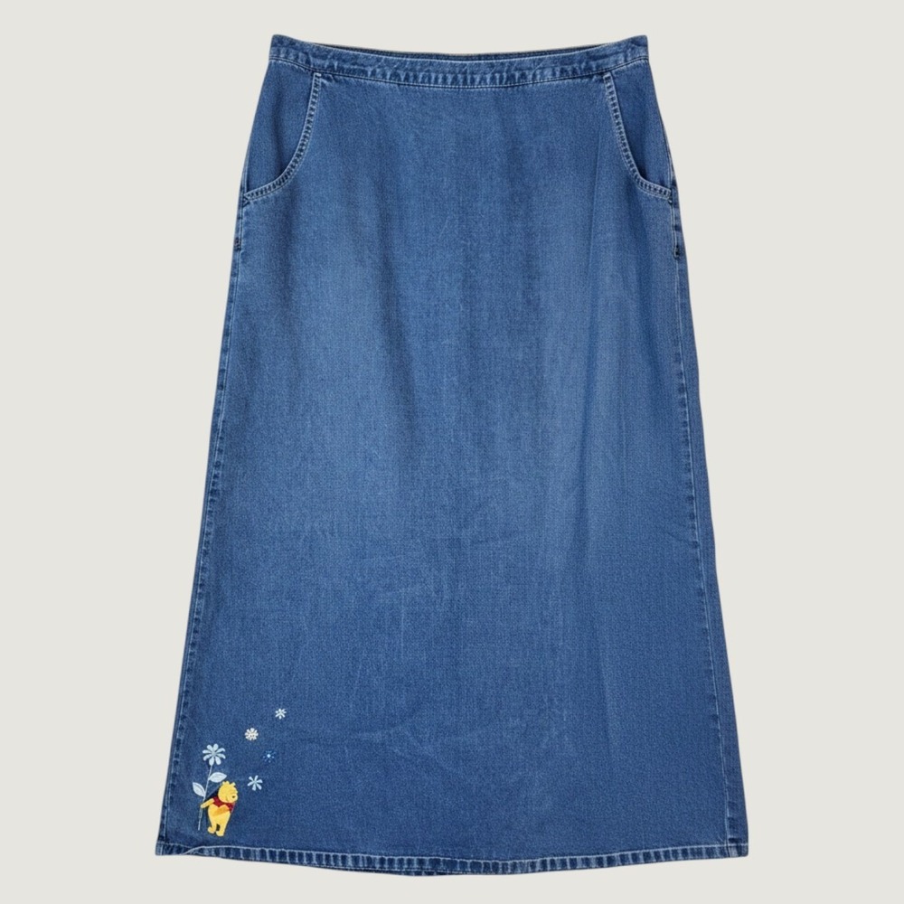 Vintage Y2K Disney Store Winnie the Pooh Denim Maxi Skirt Women's XL Embroidered
